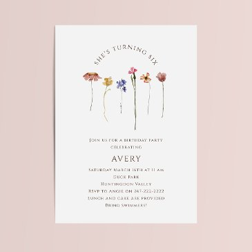 colourful wildflower sixth birthday party invitation