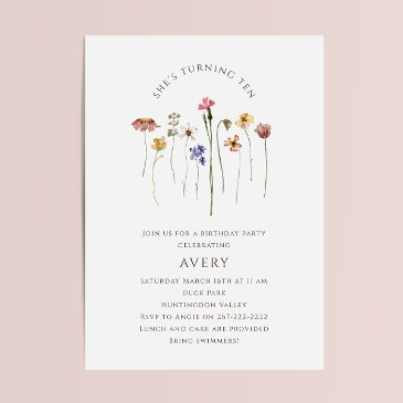 colourful wildflower tenth birthday party invitation