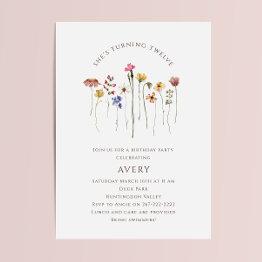 Small Colourful Wildflower Twelfth Birthday Party Invitation Front View