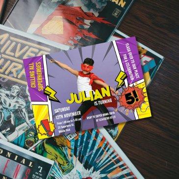 comic book superhero 5th boys birthday invitation