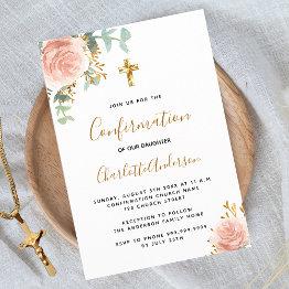 Small Confirmation Eucalyptus Blush Pink Floral Girl Invitation Front View