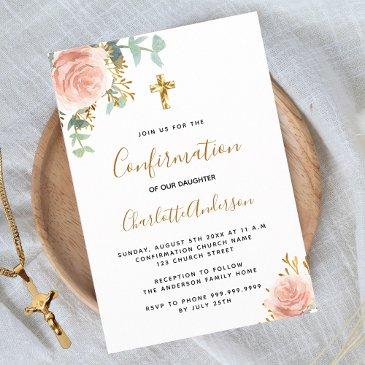 confirmation eucalyptus blush pink floral girl invitation