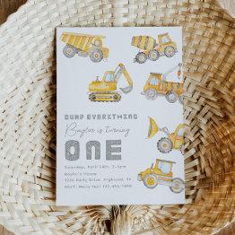 Small Construction 1st Birthday Invitation Front View
