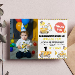 Small Construction Birthday Photo Thank You Invitations Front View