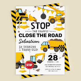 Small Construction Dump Truck Kids Birthday Party Invitation Front View