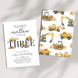 Small Construction Dump Truck Party Boy 3rd Birthday Invitation Front View