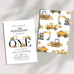 Small Construction Dump Truck Party Boy First Birthday Invitation Front View