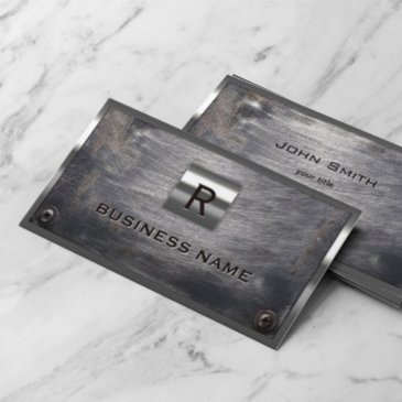 construction grunge steel monogram metal framed business invitations