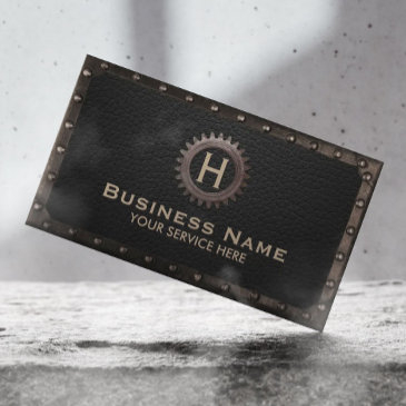 construction monogram metal framed dark leather business invitations