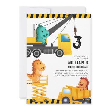 construction trucks dinosaurs birthday party invitation