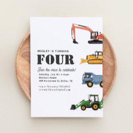 Small Construction Vehicles 4th Birthday Party Invitation Front View