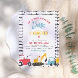 Small Construction Vehicles Boy Birthday Party Invitation Front View