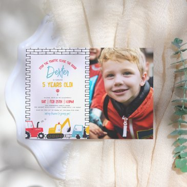 construction vehicles boy photo birthday party invitation