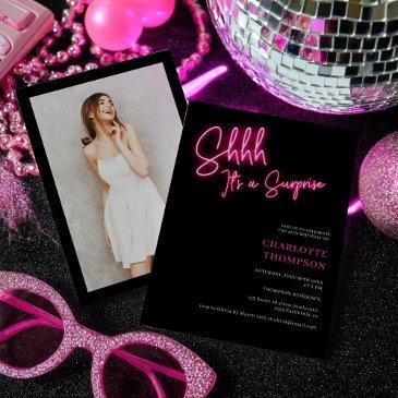 cool neon pink retro black photo surprise sweet 16 invitation