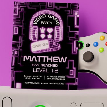 cool neon virtual reality kids video game invitation