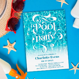 Small Cool Water Pool Party Script Swirls Teal Sweet 16 Invitation Front View