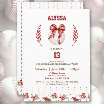 coquette baseball red bow modern girl birthday invitation