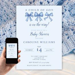 Small Coquette Blue Bows Christian Child Of God Boy Invitation Front View