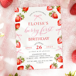 Small Coquette Bow Berry First Strawberry First Birthday Invitation Front View