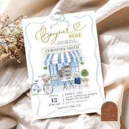 Small Coquette Parisian Cafe French Blue Baby Shower Invitation Front View