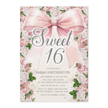 coquette pink bow vintage floral sweet 16 invitation