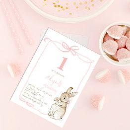 Small Coquette Pink Peter The Rabbit Girl 1st Birthday Invitation Front View