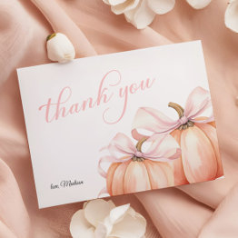 Small Coquette Pumpkin Pink Bow Baby Shower Thank You Invitations Front View