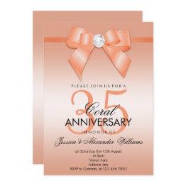 Small Coral Bow & Ribbon 35th Wedding Anniversary Invitation Front View