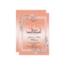 Small Coral Gem & Glitter 35th Wedding Anniversary Inv Invitation Front View