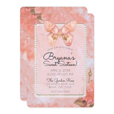 coral pink vintage butterfly rose sweet 16 party invitation