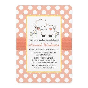 coral polka dot lamb baby shower invitation