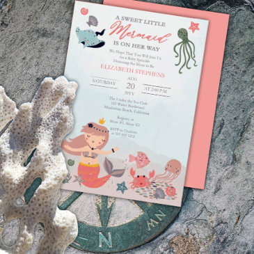 coral sweet little mermaid sea girl baby sprinkle invitation