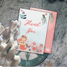 Small Coral Sweet Mermaid Sea Girl Baby Shower Thank You Front View