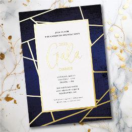 Small Corporate Gala Dinner Elegant Blue Gold Foil Invitation Front View