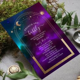 Small Cosmic Purple Teal Gold Celestial Bridal Shower Invitation Front View