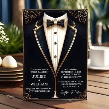 costume men adult tuxedo bold black tie wedding invitation