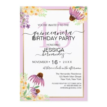 country pink purple yellow wild flower quinceañera invitation