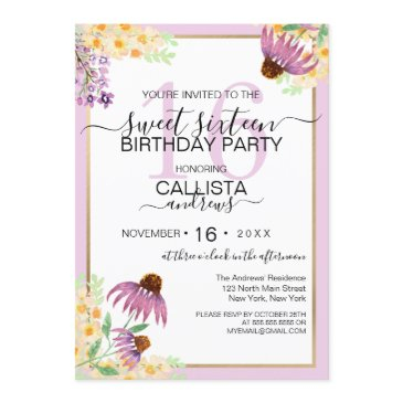 country pink purple yellow wild flowers sweet 16 invitation