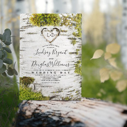 Small Country Rustic Birch Tree Bark Fall Wedding Invitation Front View
