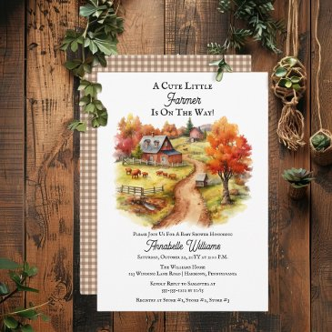 country rustic cute little farmer baby shower invitation