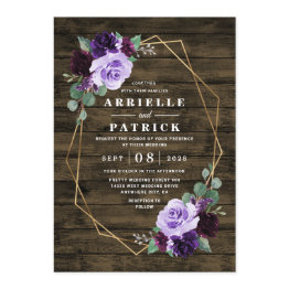 Small Country Rustic Floral Purple And Gold Wedding Invitation Front View