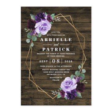 country rustic floral purple and gold wedding invitation