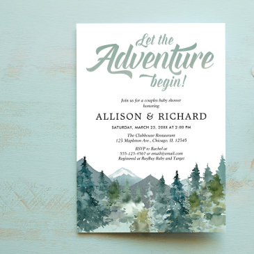 couples baby shower, rustic forest mountains invitation