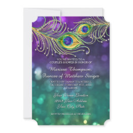 Small Couples Shower Peacock Feather Jeweled Feathers Invitation Front View