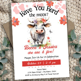 Small Cow Herd Moos Double Birthday Invitation Front View