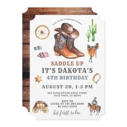 Small Cowboy 4th Birthday Invitation Front View