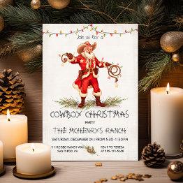 Small Cowboy Santa Christmas Lasso Lights Invitation Front View