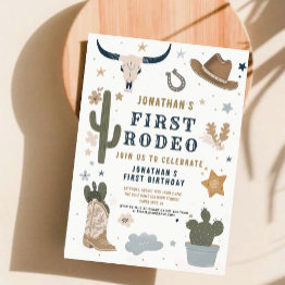 Small Cowboy Wild Western First Rodeo First Birthday 1st Invitation Front View