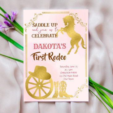cowgirl first rodeo pink and gold birthday invite