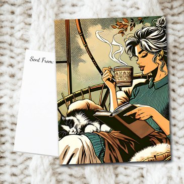 cozy lady reading with coffee and cat postinvitations